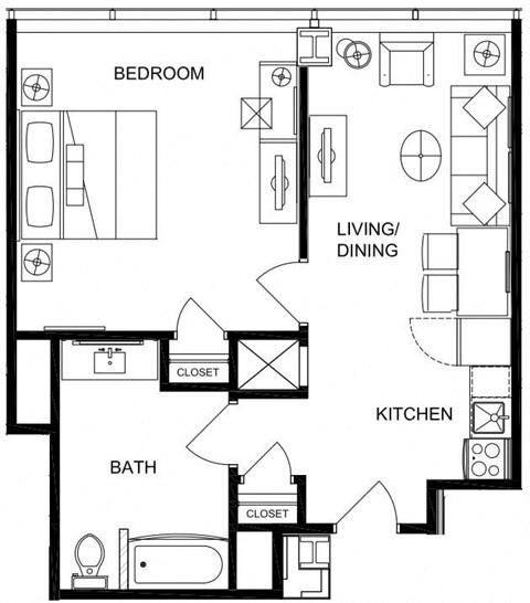 Floor plan for 1 bed, 1 bath, 672 sqft